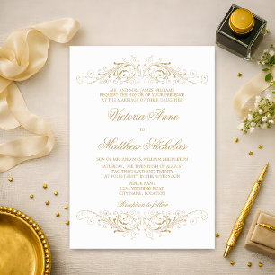 Convite Flourish e Damask Dourados Elegantes