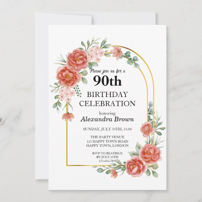 Convite Flower Dourada Frame 90 de Aniversário Festa de Fo (Frente)