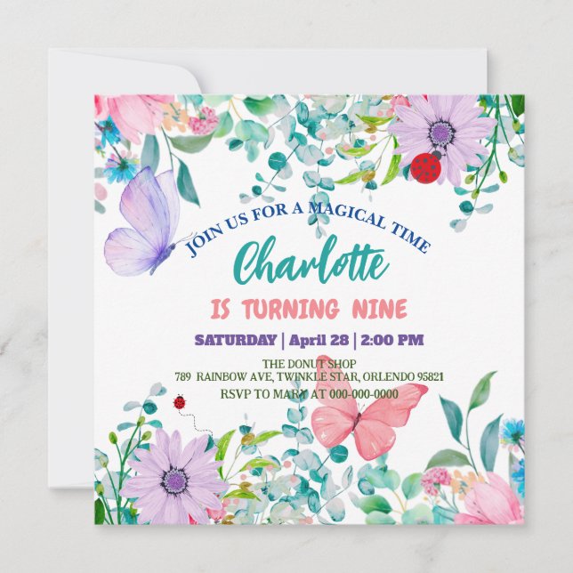 Convite Flower floral da Bolinhas de Ladybug (Frente)