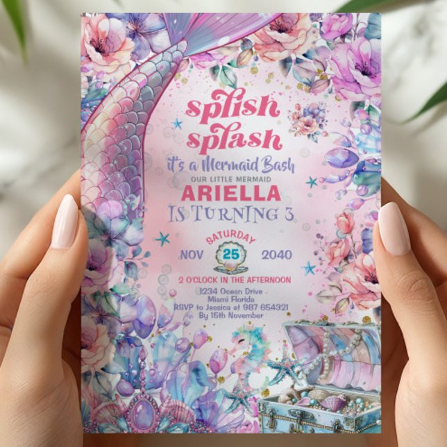 Convite Flower Glitter Mermaid Tail 3rd Birthday  (Criador carregado)