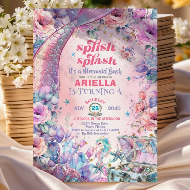 Convite Flower Glitter Mermaid Tail 4th Birthday  (Criador carregado)