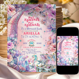 Convite Flower Glitter Mermaid Tail 4th Birthday 