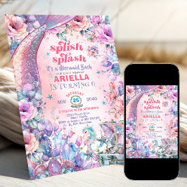 Convite Flower Glitter Mermaid Tail 6th Birthday 