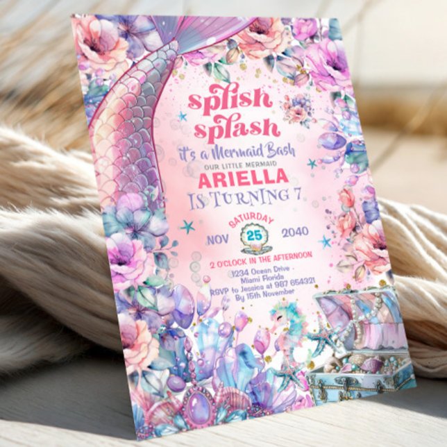 Convite Flower Glitter Mermaid Tail 7th Birthday  (Criador carregado)