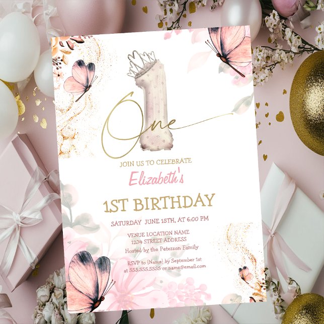 Convite  Flowers Butterfly Striped Chic 1s Birthday (Criador carregado)