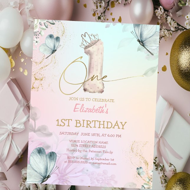 Convite  Flowers Butterfly Striped Colorful 1s Birthday (Criador carregado)