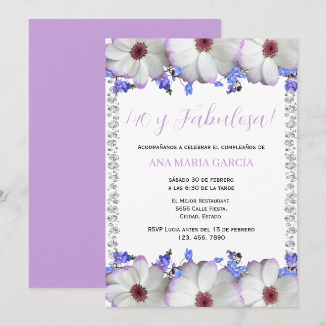 Convite Flowers & Diamonds 40th Birthday Spanish (Frente/Verso)