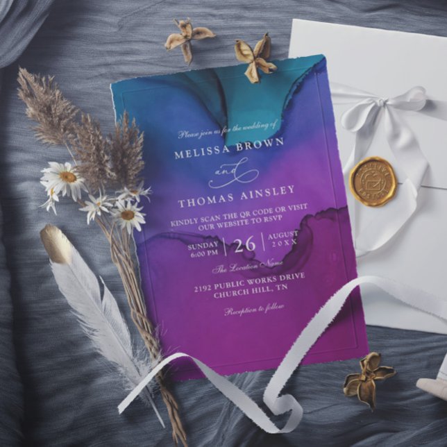 Convite Flowing Luxury Ink Elegant Modern QR Code Wedding (Criador carregado)