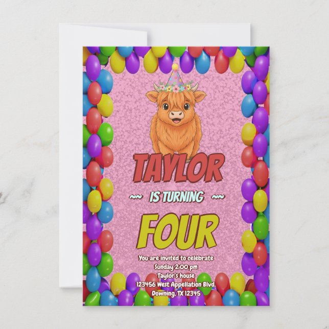 Convite Fluffy Highland Cow Birthday Invite (Frente)