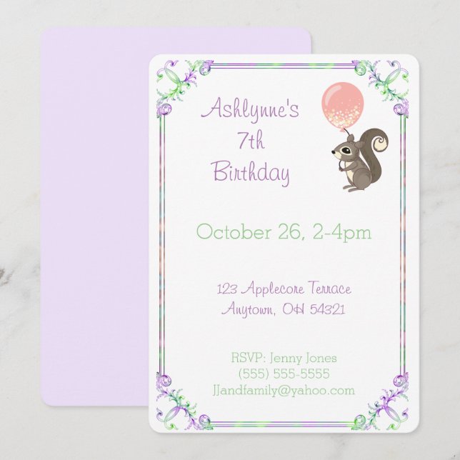 Convite Fluffy Squirrel with Pink Balloon Birthday Custom (Frente/Verso)