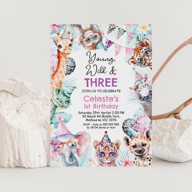 Convite Fluorescent Pink Young Wild Three Safari Birthday  (Young, Wild and Three Safari Birthday Invitation, Young, Wild and Three Invite, Safari Invite)