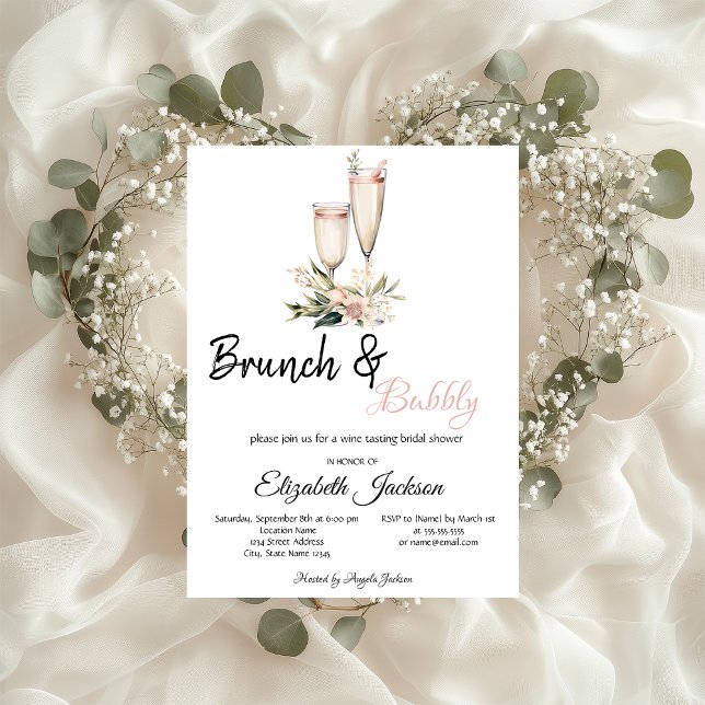 Convite Flûte de Champagne com Flores Rosas Brunch & Bubbl (Criador carregado)