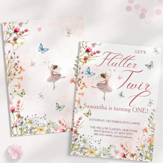 Convite Flutter e Rodopio Asas Mágicas Primeiro Aniversári (Flutter and Twirl Magical Wings First Birthday Invitation)