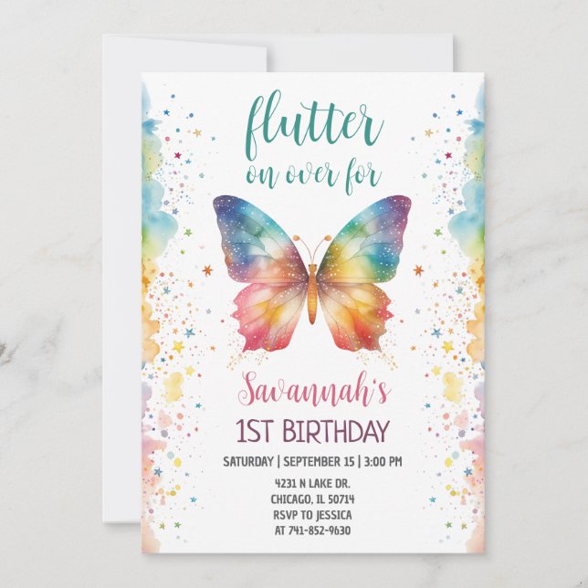 Convite Flutter On Over Rainbow Butterfly 1st Birthday (Frente)