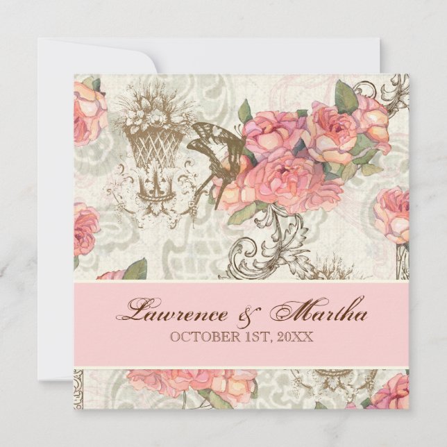Convite Flutterbyes 'n Rosa Elegante Casamento - Rosa (Frente)