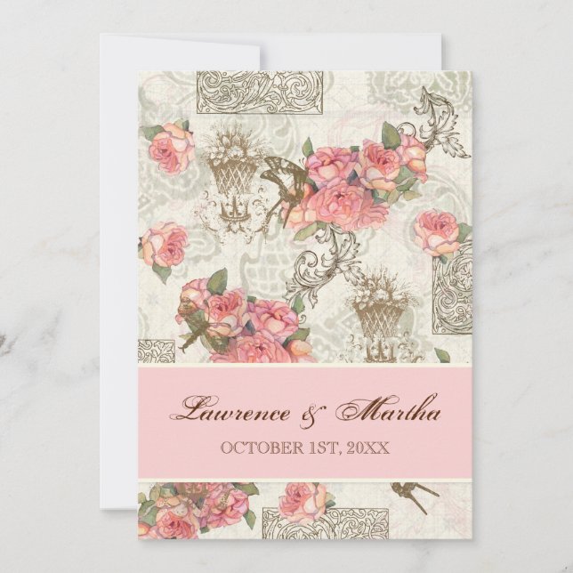Convite Flutterbyes 'n Rosa Elegante Casamento - Rosa (Frente)