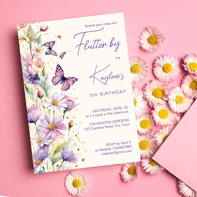 Convite Flutuação por borboletas lavanda roxa (Flutter by butterflies birthday party lavender purple invitation editable template digital download)