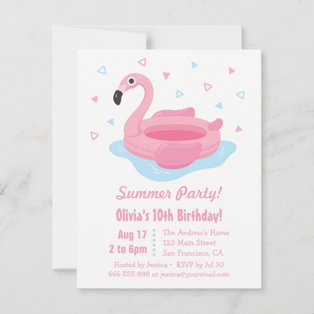 Convite Flutuador de Piscina Flamingo Rosa Aniversário de  (Frente)