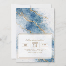 Convite Fluxo Abstrato Elegante Brilho Azul Dourado