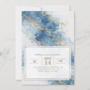 Convite Fluxo Abstrato Elegante Brilho Azul Dourado       