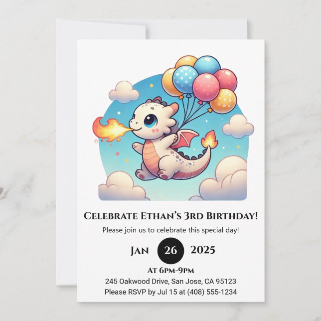 Convite Flying Baby Dragon with Balloons Birthday (Frente)
