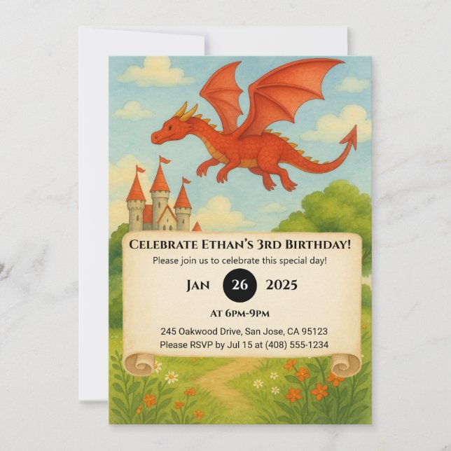 Convite Flying Dragon Over Enchanted Forest Birthday (Frente)