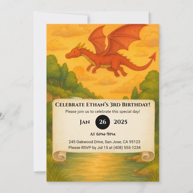 Convite Flying Red Dragon Over Enchanted Forest Birthday (Frente)