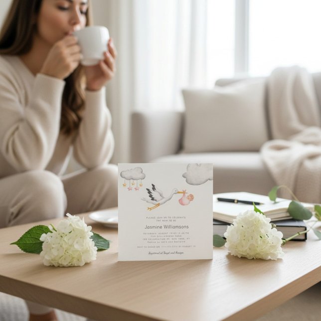 Convite Flying Stork Clouds Stars Baby Shower (Criador carregado)