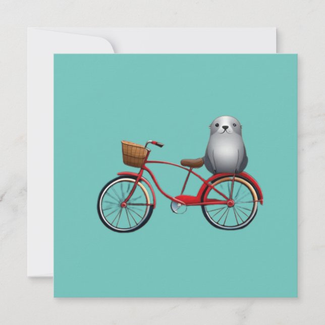 Convite Foca de desenho animado fofa em uma bicicleta (Frente)