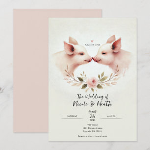 Convite Focinhos de Porcos Rosa Floral Rústico Casamento