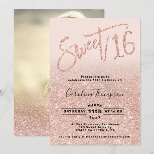 Convite Fofa foto de Sweet 16 em rosa dourado brilhante co