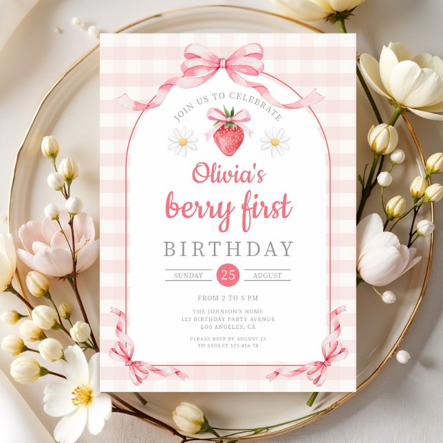 Convite Fofa Menina Berry Primeiro Aniversário (Cute Berry First Girl 1st Birthday Invitation)