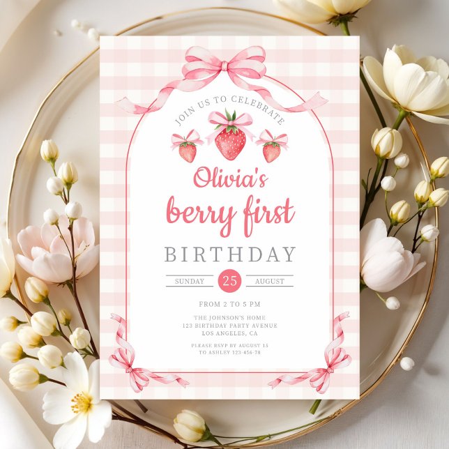 Convite Fofa Menina Berry Primeiro Aniversário (Cute Berry First Girl 1st Birthday Invitation)