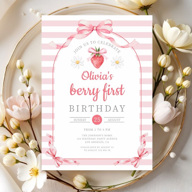 Convite Fofa Menina Berry Primeiro Aniversário (Cute Berry First Girl 1st Birthday Invitation)