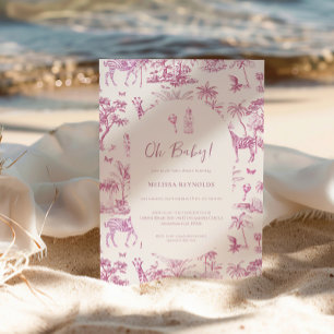 Convite Fofa Safari Toile de Jouy   Chá de Bebê Rosa