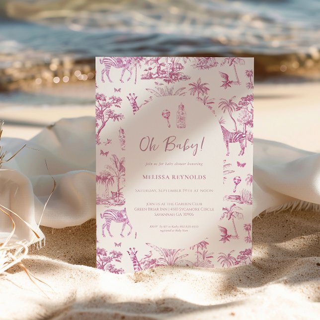 Convite Fofa Safari Toile de Jouy | Chá de Bebê Rosa (Criador carregado)