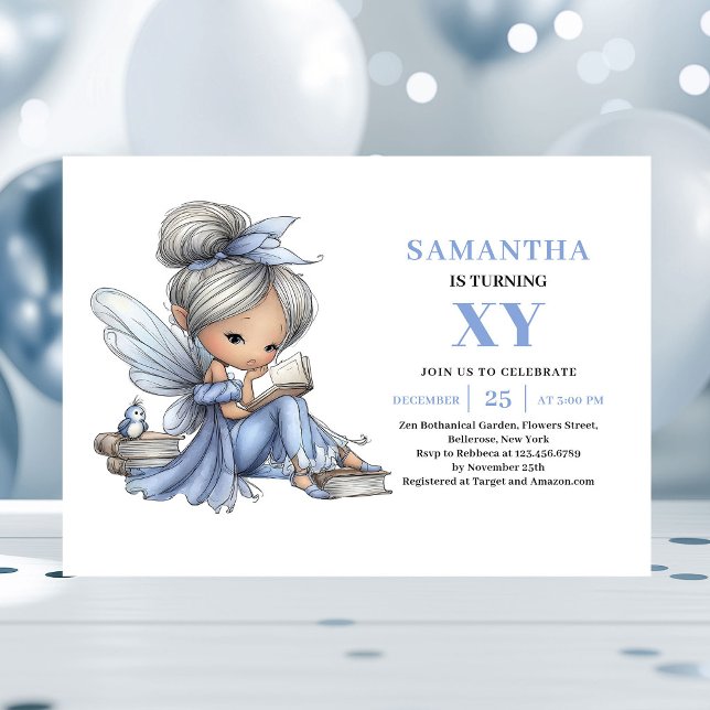 Convite Fofo de 5º Aniversário da Fada Azul Capric (Whimsical Blue Fairy Girl 5th Birthday Cute invitation)