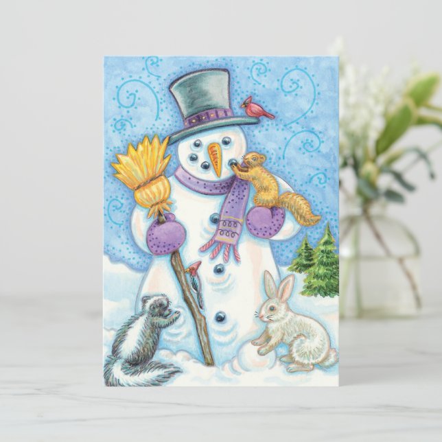 Convite Fofo de Natal com Boneco de Neve e Animais (Em pé/Frente)
