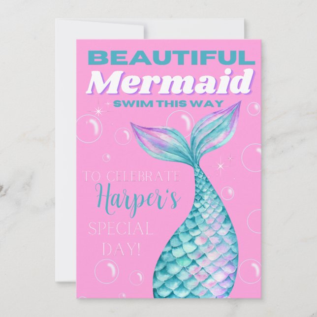 Convite Fofo editável sob o mar, moça de sereia digital (Frente)