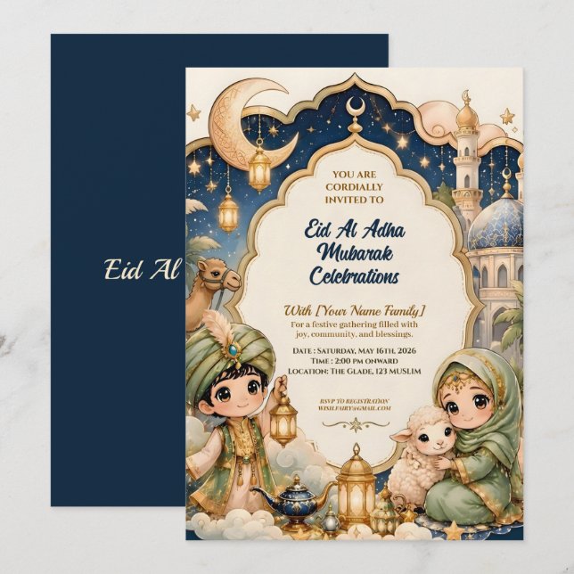 Convite Fofo Eid Al Adha Chibi Mubarak Caprichoso (Frente/Verso)