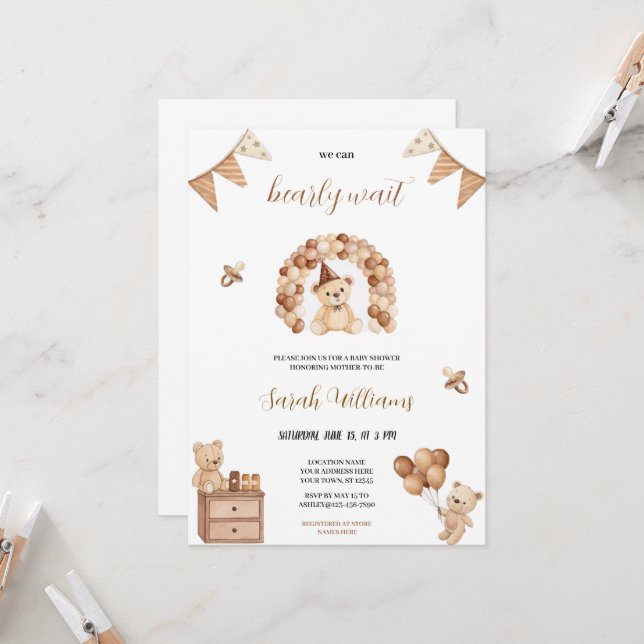 Convite fofo podemos esperar o bebê do urso pardo (Frente/Verso In Situ)