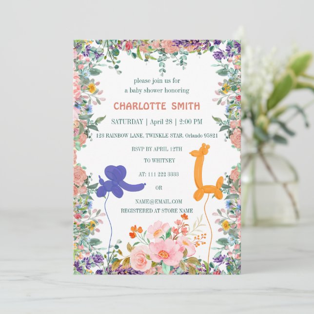 Convite fofo safari elefante girafa balão flora aquco (Em pé/Frente)