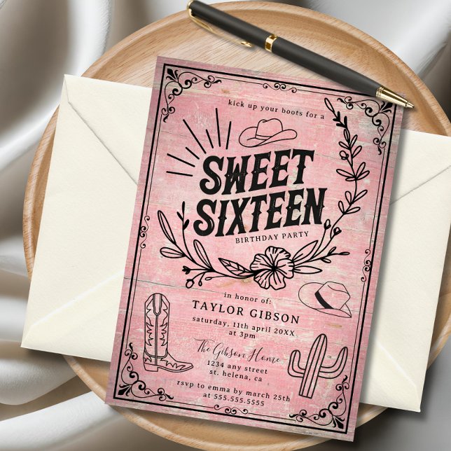 Convite Fofoca-rosa-russa Ocidental Doce-Floral 16 Anivers (Rustic pink cowgirl sweet sixteen invitation with western floral design and cowboy hat accents.)