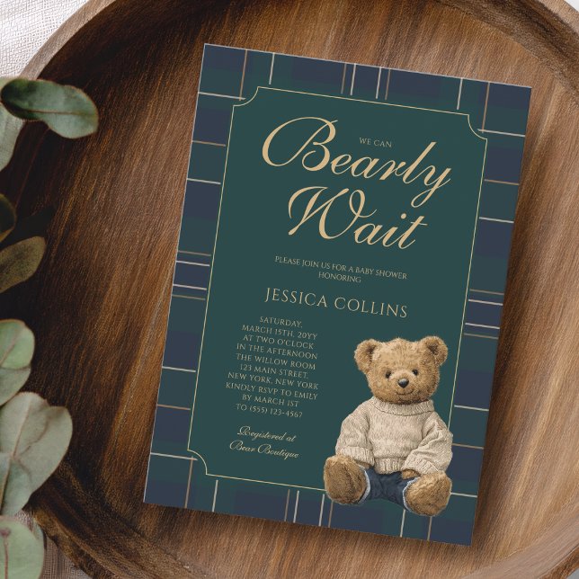 Convite Fofura Verde e Azul Mal Podemos Esperar Chá de Beb (Cute Green and Blue We Can Bearly Wait Baby Shower Invitation)