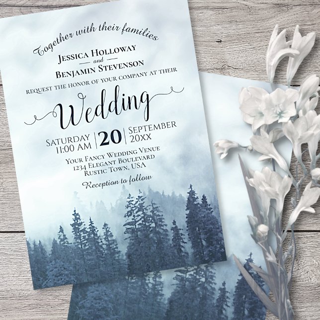 Convite Foggy Blue Mountain Pines Rustic Outdoor Casamento (Criador carregado)