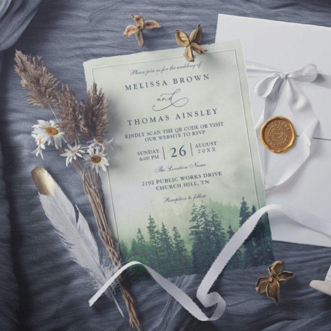 Convite Foggy Green Mountain Pines Rustic QR Code Wedding (Criador carregado)