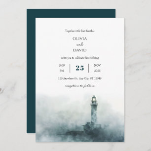 Convite Foggy Lighthouse Morning Watercolor Casamento de P