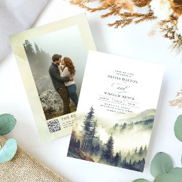 Convite Foggy Mountain Pines Rustic Código QR Casamento