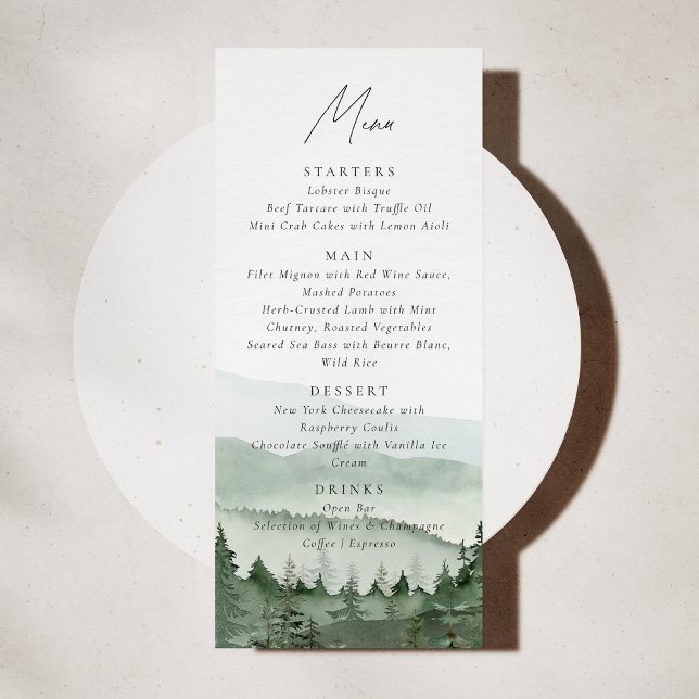 Convite Foggy Pine Tree Mountain Wedding Menu Card (Criador carregado)