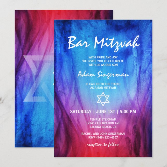 Convite Fogo e Gelo Azul Vermelho | Bar Mitzvah da Estrela (Frente/Verso)